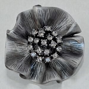 Vintage Pewter Flower Blossom Brooch Pendant Convertible Silver Tone Rhinestone